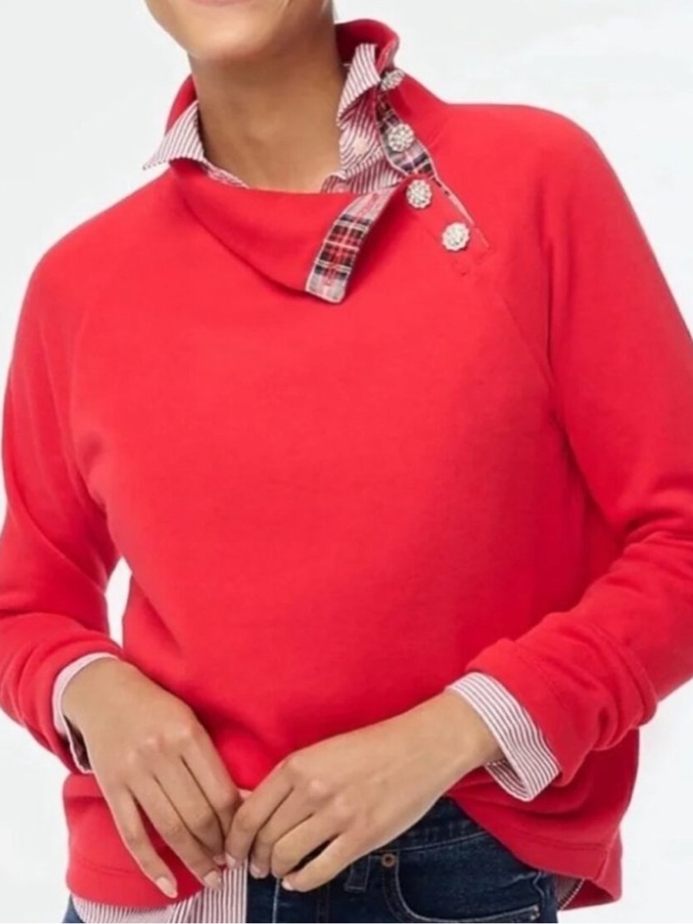 J. Crew Tartan Wide Jeweled Button-neck Pullover Sweatshirt Size S